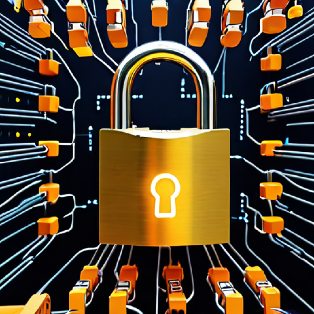 **

A strong, glowing padlock protecting a complex network of interconnected IoT devices (smart home devices, sensors, industrial equipment). Binary code streams around the padlock. Emphasis on security and data protection.

**