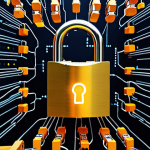 **

A strong, glowing padlock protecting a complex network of interconnected IoT devices (smart home devices, sensors, industrial equipment). Binary code streams around the padlock. Emphasis on security and data protection.

**