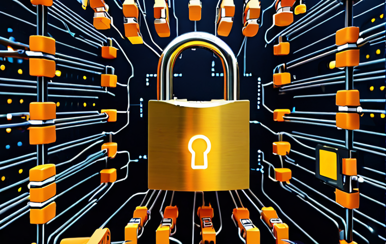 **
A strong, glowing padlock protecting a complex network of interconnected IoT devices (smart home devices, sensors, industrial equipment). Binary code streams around the padlock. Emphasis on security and data protection.
**