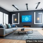 Home 20 IoT 보안 프레임워크와 소프트웨어 업데이트 관리 - A high-tech smart home interior showcasing clear network segmentation: separate visible zones for se...