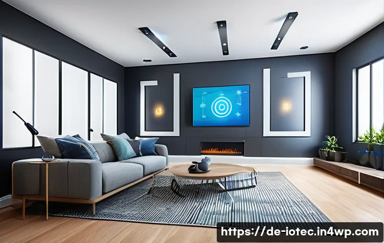 IoT 보안 프레임워크와 소프트웨어 업데이트 관리 - A high-tech smart home interior showcasing clear network segmentation: separate visible zones for se...