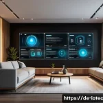Home 19 IoT 보안 프레임워크에 대한 전문가의 조언 - A detailed, futuristic smart home control room showing diverse IoT devices interconnected in a secur...