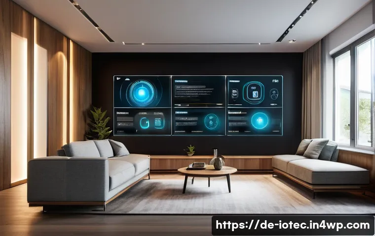 IoT 보안 프레임워크에 대한 전문가의 조언 - A detailed, futuristic smart home control room showing diverse IoT devices interconnected in a secur...