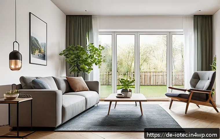 IoT 보안 프레임워크 구축에 있어 필수 툴 - A modern German living room showcasing a secure smart home setup: sleek smart devices like thermosta...