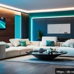 Home 23 IoT 보안 프레임워크와 에지 컴퓨팅 - A futuristic smart home interior with multiple connected IoT devices such as sensors, cameras, and s...
