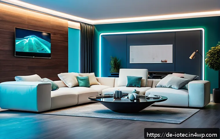 IoT 보안 프레임워크와 에지 컴퓨팅 - A futuristic smart home interior with multiple connected IoT devices such as sensors, cameras, and s...
