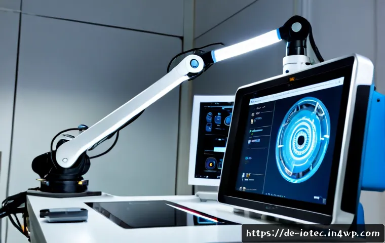 IoT 보안 프레임워크와 로봇 기술의 융합 - Photorealistic smart manufacturing scene in a clean German industrial robotics laboratory, collabora...